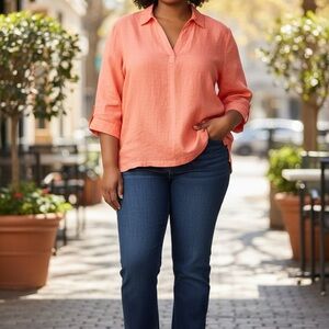 TAHARI 100% LINEN TUNIC TOP WITH SIDE BUTTON DETAILS SZ 1X